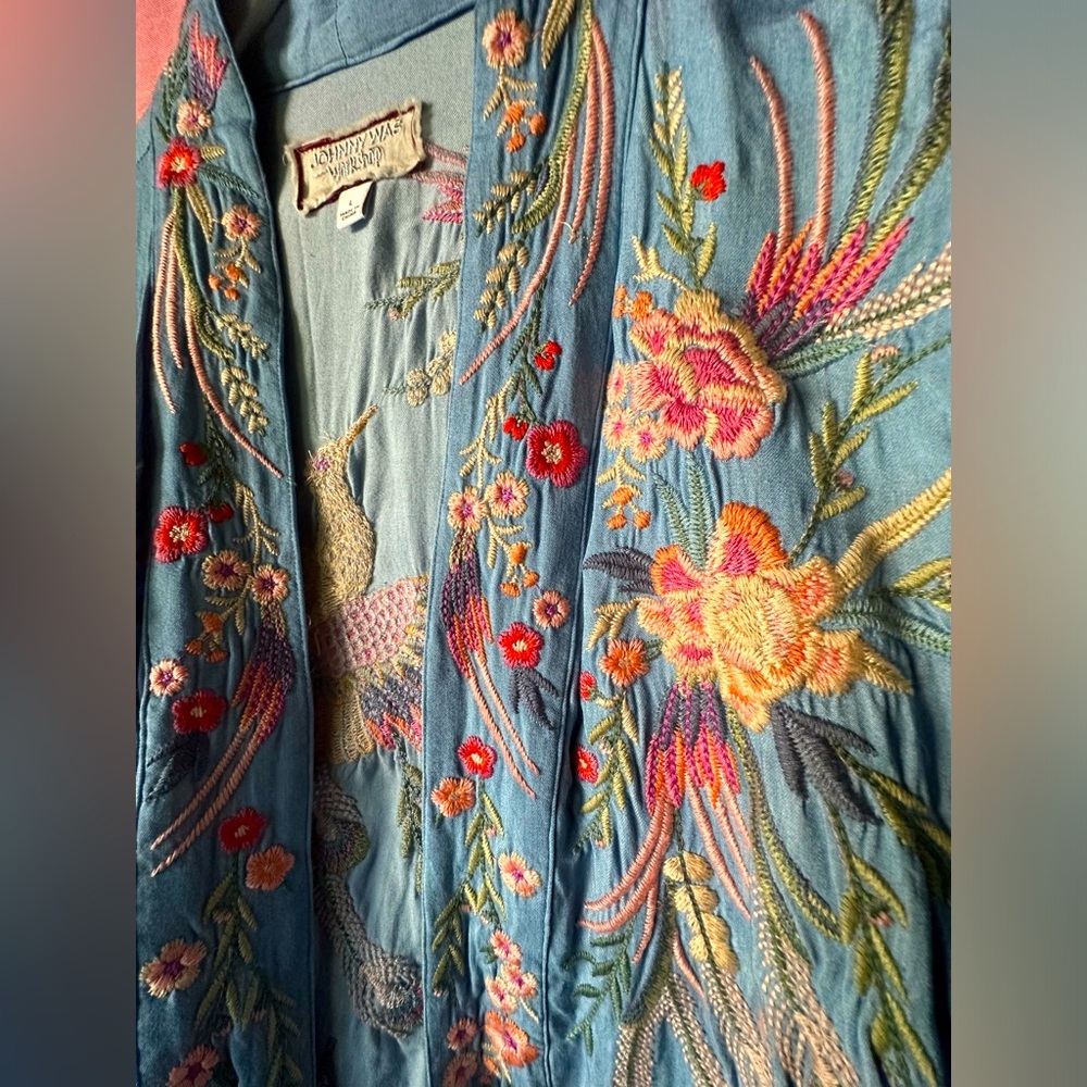 Johnny Was Blue Embroidered Crane Jacket with Pink Yellow Orange Accents - Picture 9 of 11